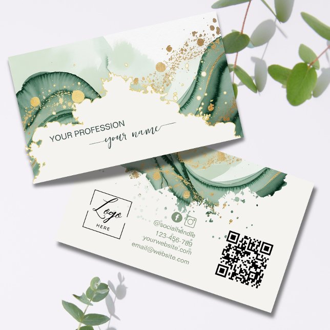 Watercolor Sage green Qr Code  Business Card (Creator Uploaded)