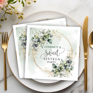 Watercolor Sage Green Sweet 16 Birthday Napkins