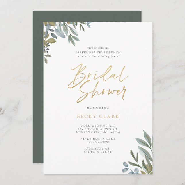 Watercolor Sage Greenery & Leaves Bridal Shower Invitation (Front/Back)