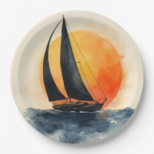 Watercolor Sailboat at Sunset Paper Plate