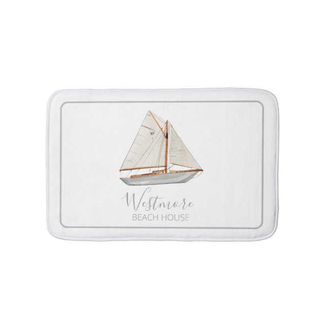 Watercolor Sailboat Beach House Bath Mat (Front)