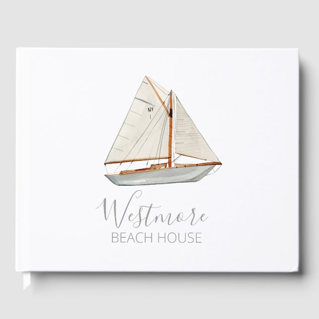 Watercolor Sailboat Beach House Guest Book (Front)