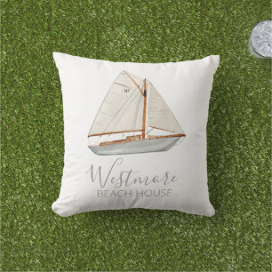 Watercolor Sailboat Beach House Outdoor Pillow