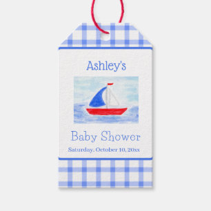 Watercolor Sailboat Blue Check Baby Shower Gift Tags