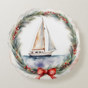 Watercolor Sailboat In Christmas Wreath Round Pillow
