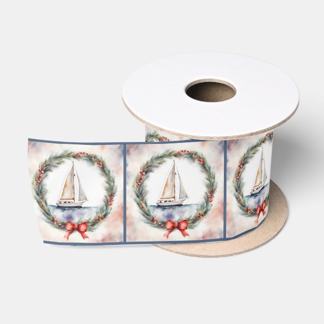Watercolor Sailboat In Christmas Wreath Satin Ribbon (Spool)