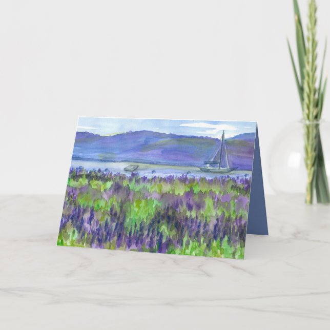 Watercolor Sailboat Lupines Happy Birthday Card (Front)