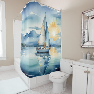 Watercolor Sailboat On a Lake At Sunset