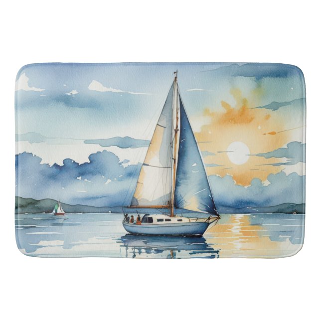 Watercolor Sailboat On a Lake At Sunset Bath Mat (Front)