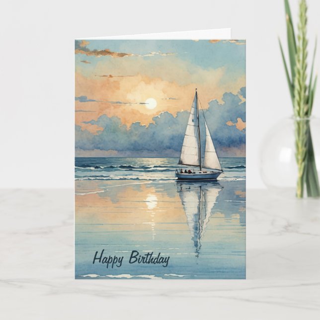 Watercolor Sailboat On Ocean Birthday Card (Front)