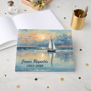 Watercolor Sailboat On Ocean for Memorial Service Guest Book
