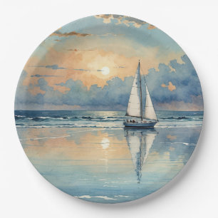 Watercolor Sailboat On Ocean Painting Paper Plate