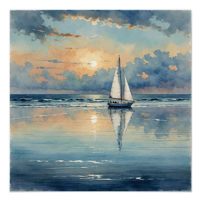 Watercolor Sailboat On Ocean Painting Poster (Front)