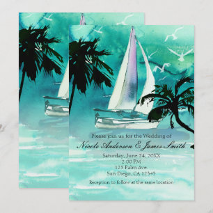 Watercolor Sailboat & Palm Trees Sea Invitations