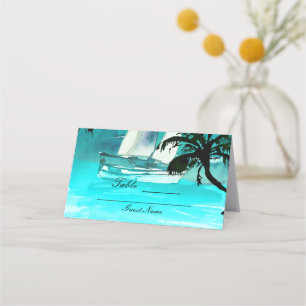 Watercolor Sailboat Palm Trees String Lights Table Place Card
