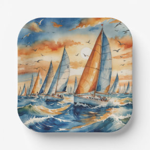 Watercolor Sailboat Regatta Paper Plate