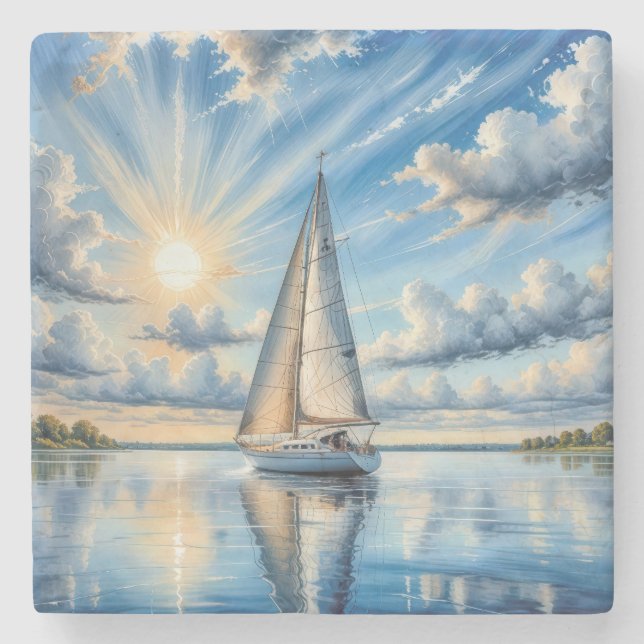 Watercolor Sailboat Sailing In Sunshine Stone Coaster (Front)