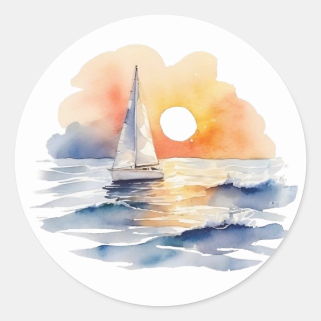 Watercolor Sailboat Sunset Seascape Wedding Favour Classic Round Sticker (Front)