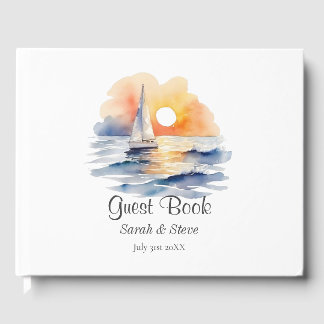 Watercolor Sailboat Sunset Seascape Wedding Guest Book
