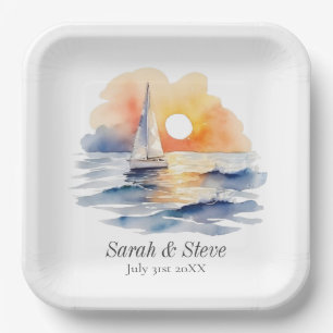 Watercolor Sailboat Sunset Seascape Wedding Paper Plate