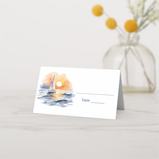 Watercolor Sailboat Sunset Seascape Wedding Place Card (Front)