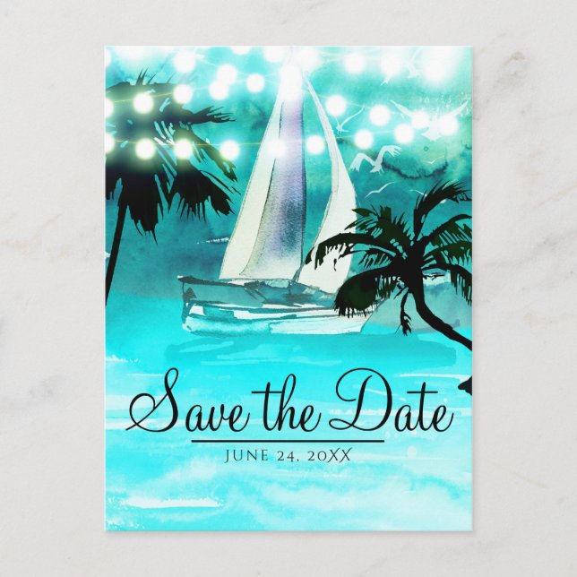 Watercolor Sailboat Trees & Lights Save the Date Announcement Postcard (Front)
