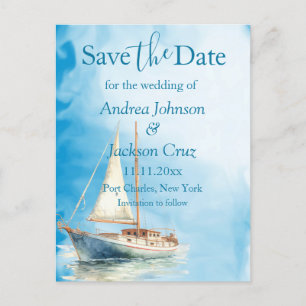 Watercolor Sailboat Wedding Save the Date Postcard