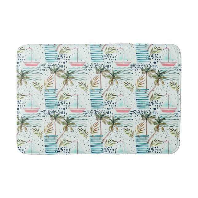 Watercolor Sailboat with Palm Tree Pattern Bath Mat (Front)