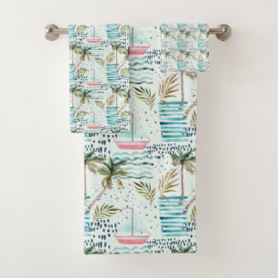 Watercolor Sailboat with Palm Tree Pattern Bath Towel Set