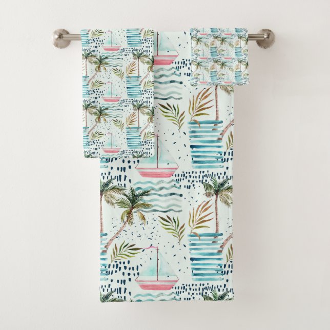 Watercolor Sailboat with Palm Tree Pattern Bath Towel Set (Insitu)