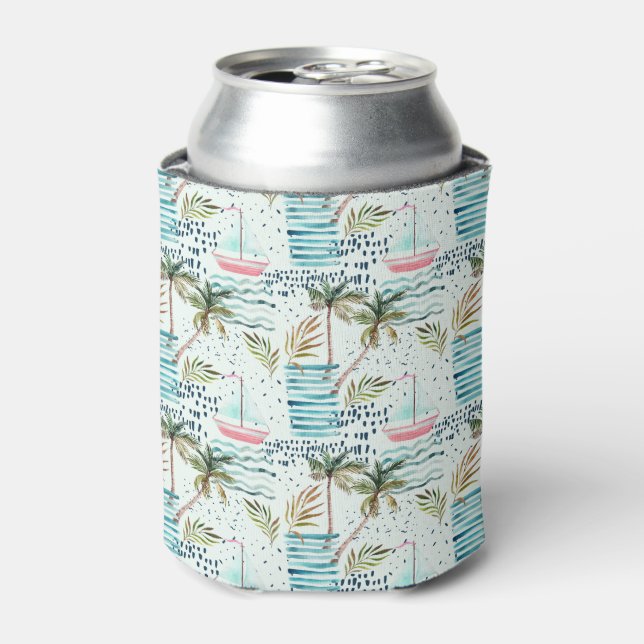 Watercolor Sailboat with Palm Tree Pattern Can Cooler (Can Front)