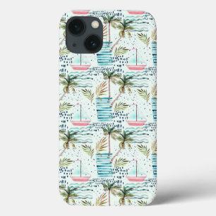 Watercolor Sailboat with Palm Tree Pattern iPhone 13 Case