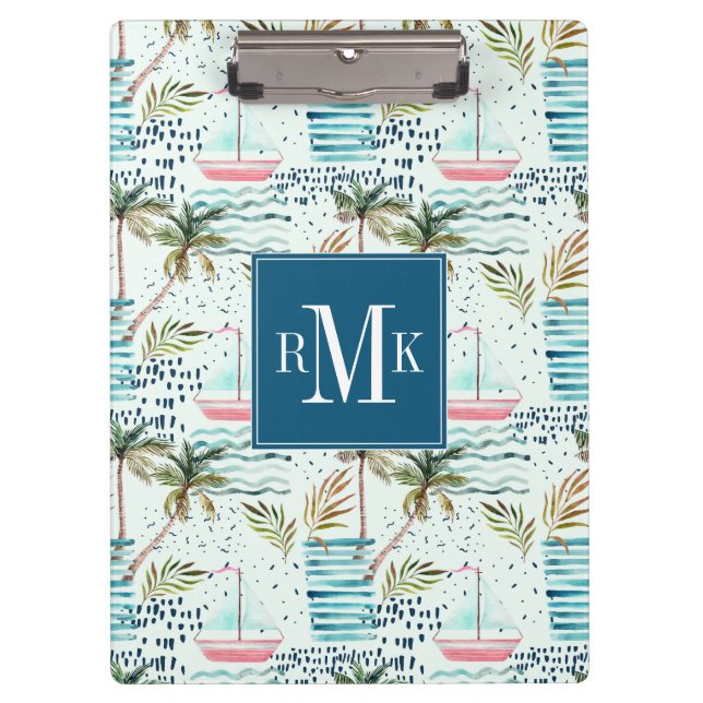 Watercolor Sailboat with Palm Tree Pattern Clipboard (Front)