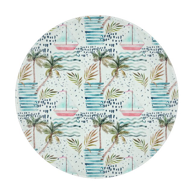 Watercolor Sailboat with Palm Tree Pattern Cutting Board (Front)