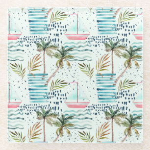 Watercolor Sailboat with Palm Tree Pattern Glass Coaster