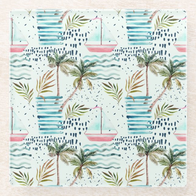 Watercolor Sailboat with Palm Tree Pattern Glass Coaster (Front)