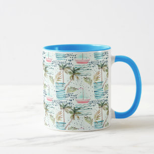 Watercolor Sailboat with Palm Tree Pattern Mug