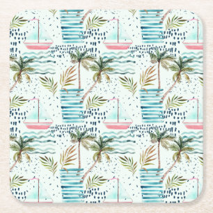 Watercolor Sailboat with Palm Tree Pattern Square Paper Coaster