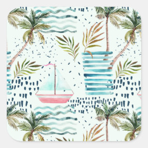 Watercolor Sailboat with Palm Tree Pattern Square Sticker