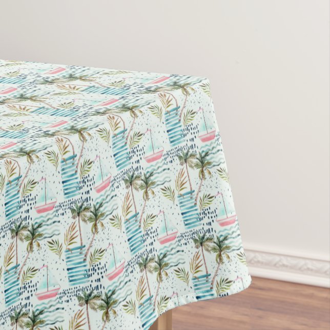 Watercolor Sailboat with Palm Tree Pattern Tablecloth (In Situ)