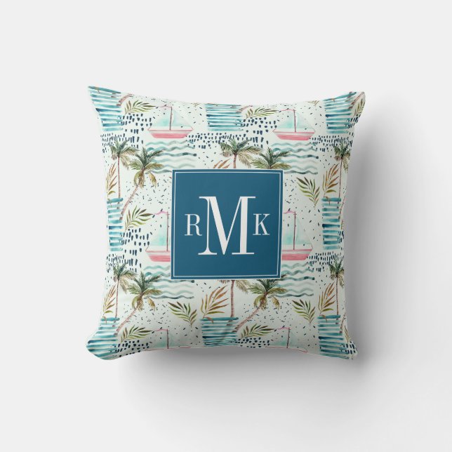 Watercolor Sailboat with Palm Tree Pattern Throw Pillow (Front)