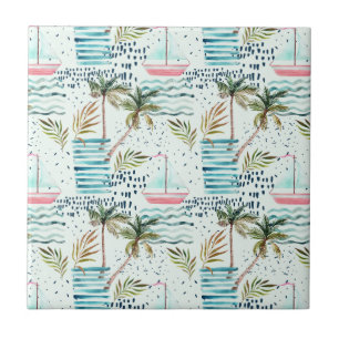 Watercolor Sailboat with Palm Tree Pattern Tile