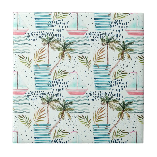 Watercolor Sailboat with Palm Tree Pattern Tile (Front)