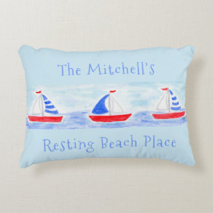 Watercolor Sailboats Resting Beach Place Accent Pillow