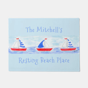 Watercolor Sailboats Resting Beach Place Doormat
