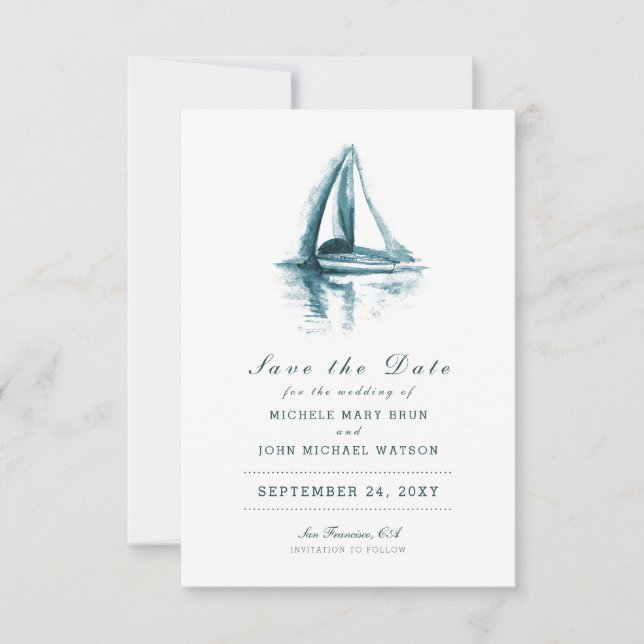 Watercolor Sailing Boat Save the Date Card (Front)