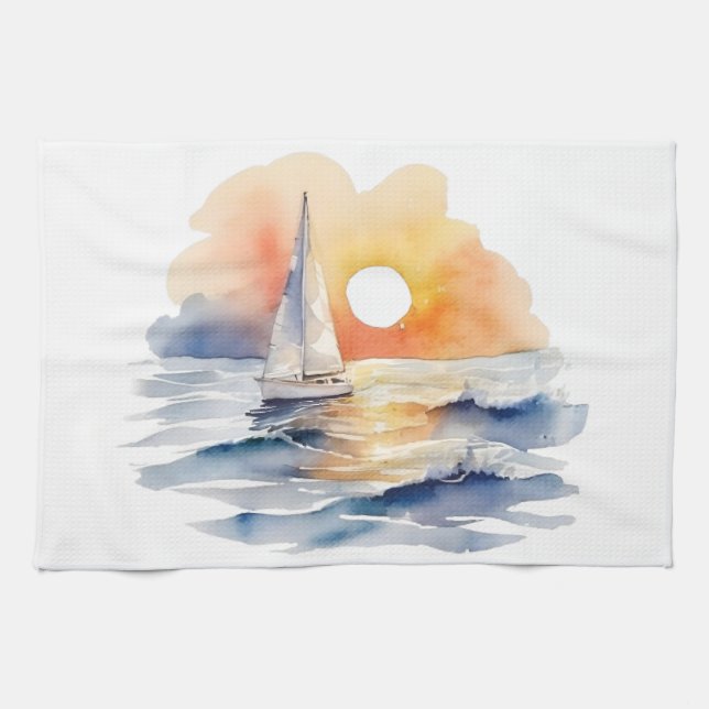 Watercolor Sailing Sailboat Nautical Sunset Ocean Kitchen Towel (Horizontal)