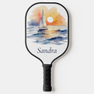 Watercolor Sailing Sailboat Nautical Sunset Ocean Pickleball Paddle