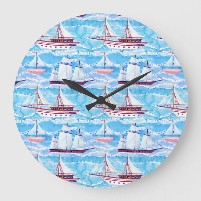 Watercolor Sailing Ships Pattern Large Clock (Front)