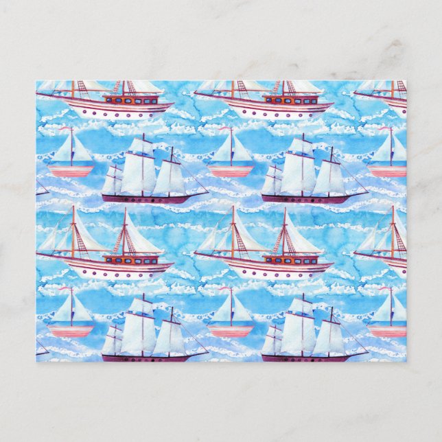 Watercolor Sailing Ships Pattern Postcard (Front)